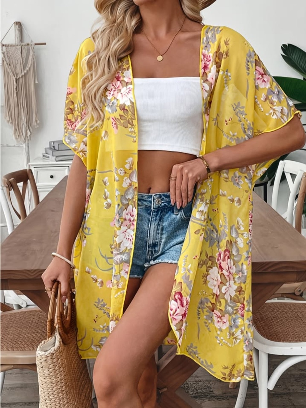 Forever 21 Yellow Floral Sheer Open Kimono